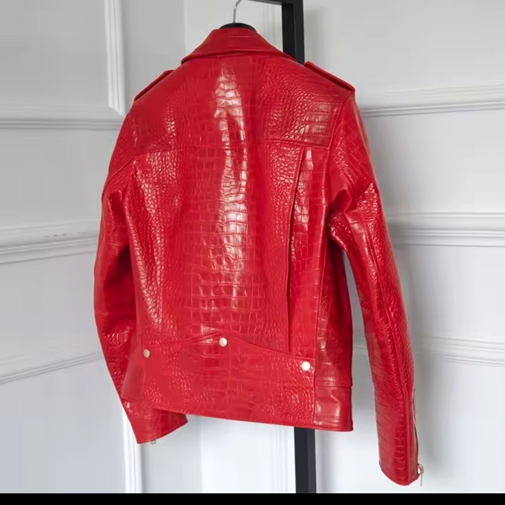Red Croc-Embossed Leather Jacket - image 11